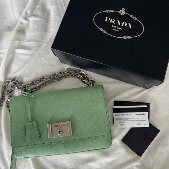 Brand New Rare Prada Saffiano Lux Leather Chain Shoulder Bag in Acquamarina - Picture 1 of 15